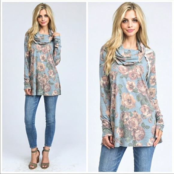 Blue Floral Long Sleeve Turtleneck Tee - Picture 2 of 13